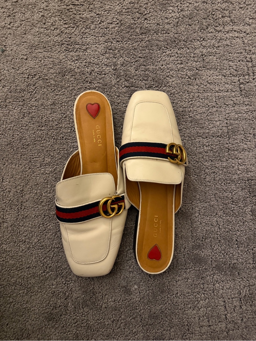 Gucci Women's White Leather GG Marmont Backless Loafers. AUTHENTICATION AVAIL